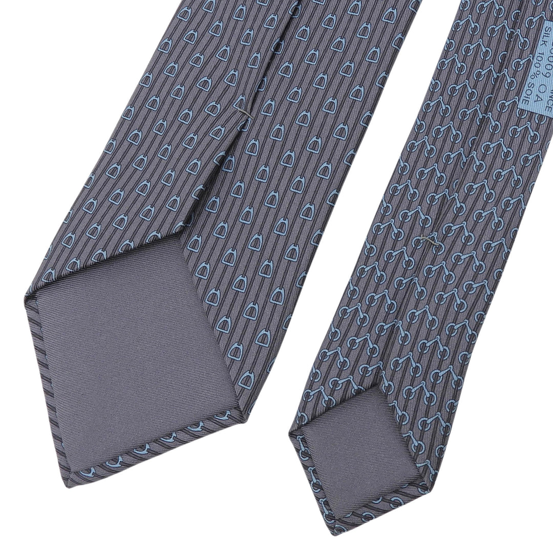 Excellent HERMES tie Horse tack motif all-over pattern gray silk mens