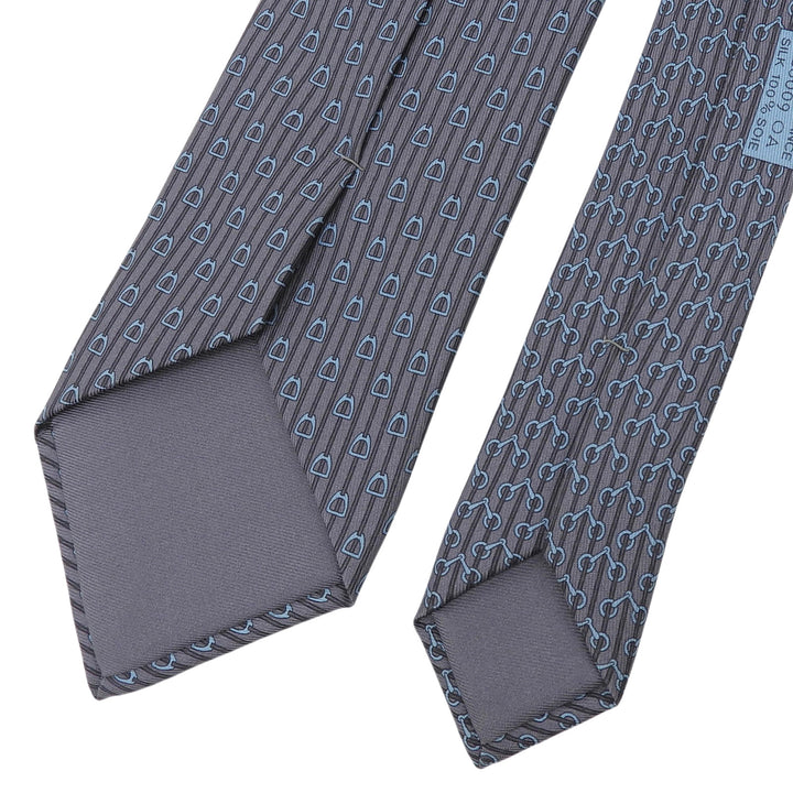 Excellent HERMES tie Horse tack motif all-over pattern gray silk mens