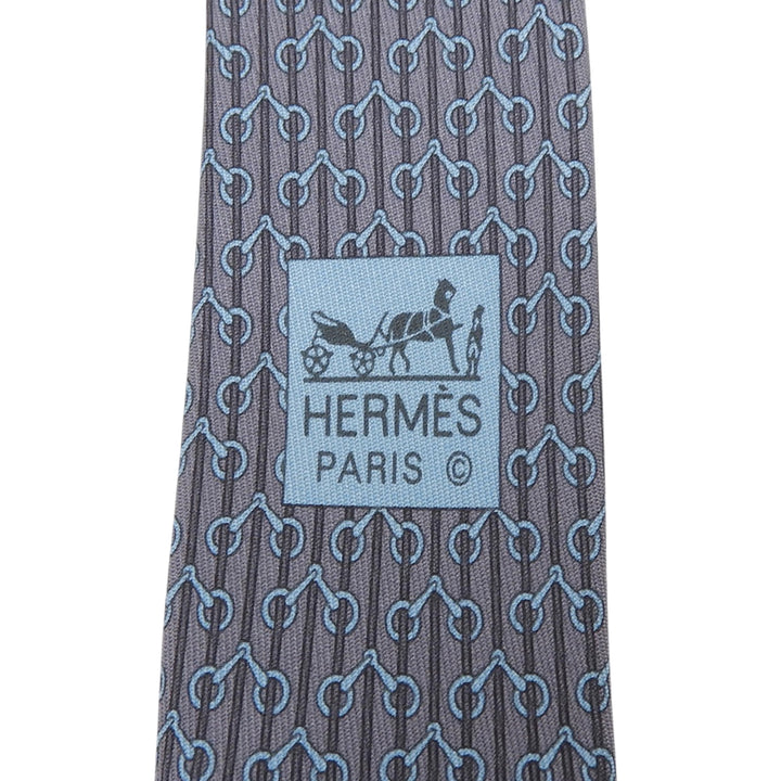 Excellent HERMES tie Horse tack motif all-over pattern gray silk mens