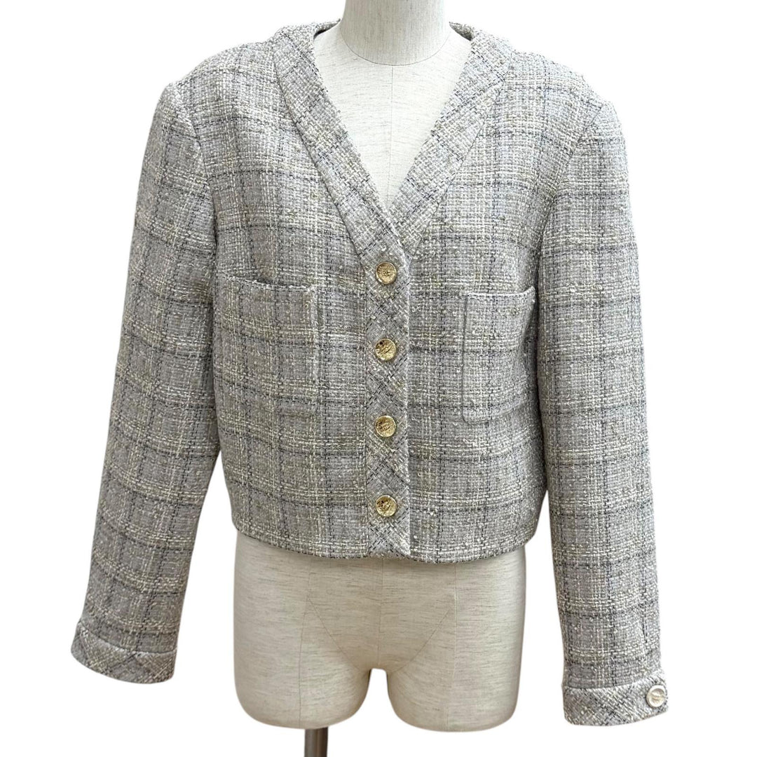 Pristine CHANEL Jacket Tweed with COCO Mark buttons Grege wool Women 40 P80393