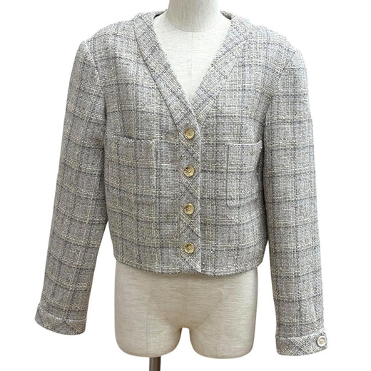Pristine CHANEL Jacket Tweed with COCO Mark buttons Grege wool Women 40 P80393