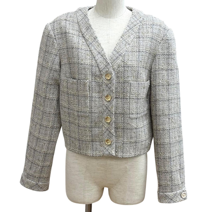Pristine CHANEL Jacket Tweed with COCO Mark buttons Grege wool Women 40 P80393