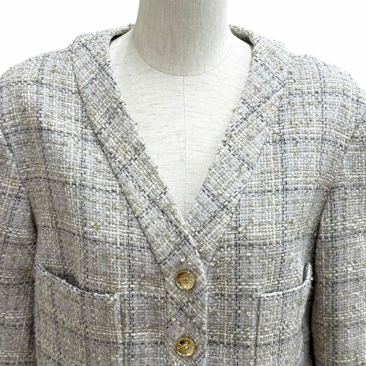 Pristine CHANEL Jacket Tweed with COCO Mark buttons Grege wool Women 40 P80393