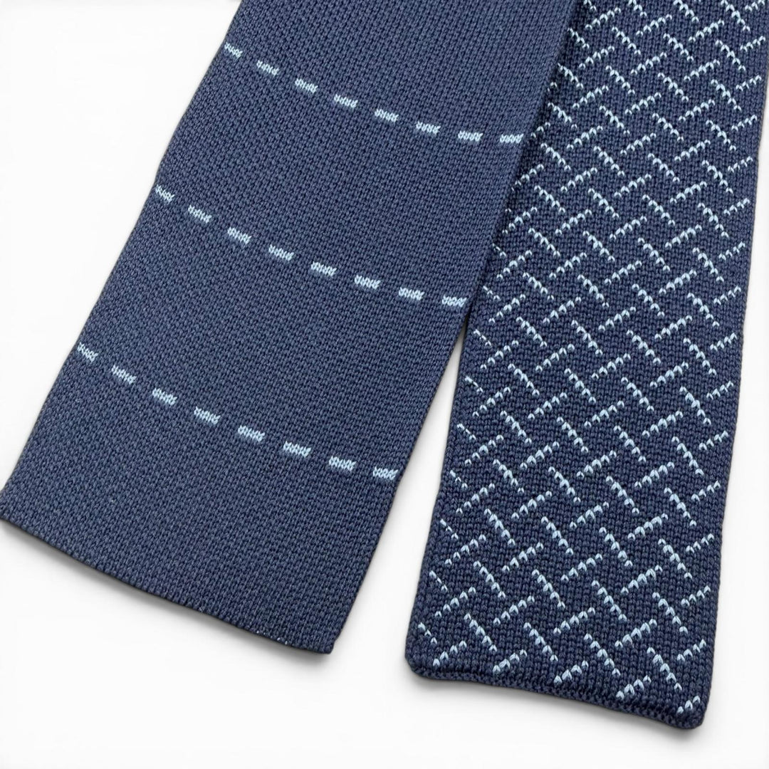 Excellent HERMES tie Border Cross Pattern Knit Tie Reversible Navy silk mens