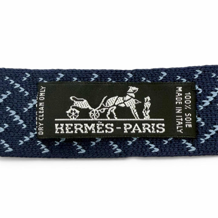 Excellent HERMES tie Border Cross Pattern Knit Tie Reversible Navy silk mens