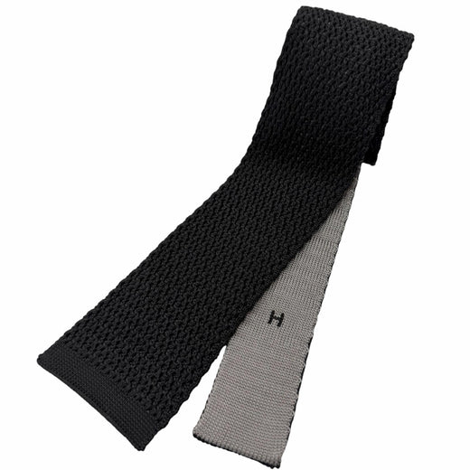 Excellent HERMES tie H logo embroidered knit tie Charcoal gray silk mens