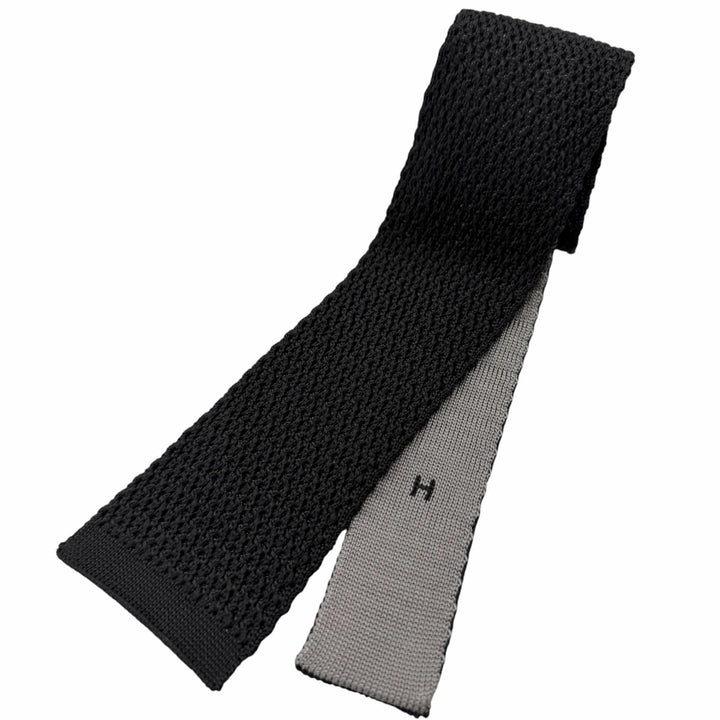 Excellent HERMES tie H logo embroidered knit tie Charcoal gray silk mens