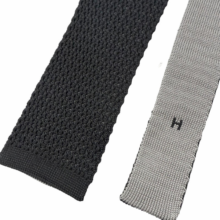 Excellent HERMES tie H logo embroidered knit tie Charcoal gray silk mens