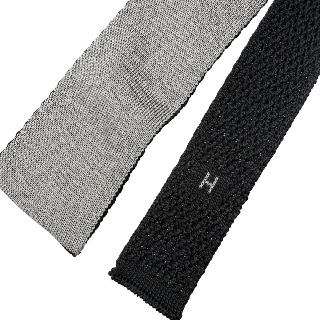 Excellent HERMES tie H logo embroidered knit tie Charcoal gray silk mens