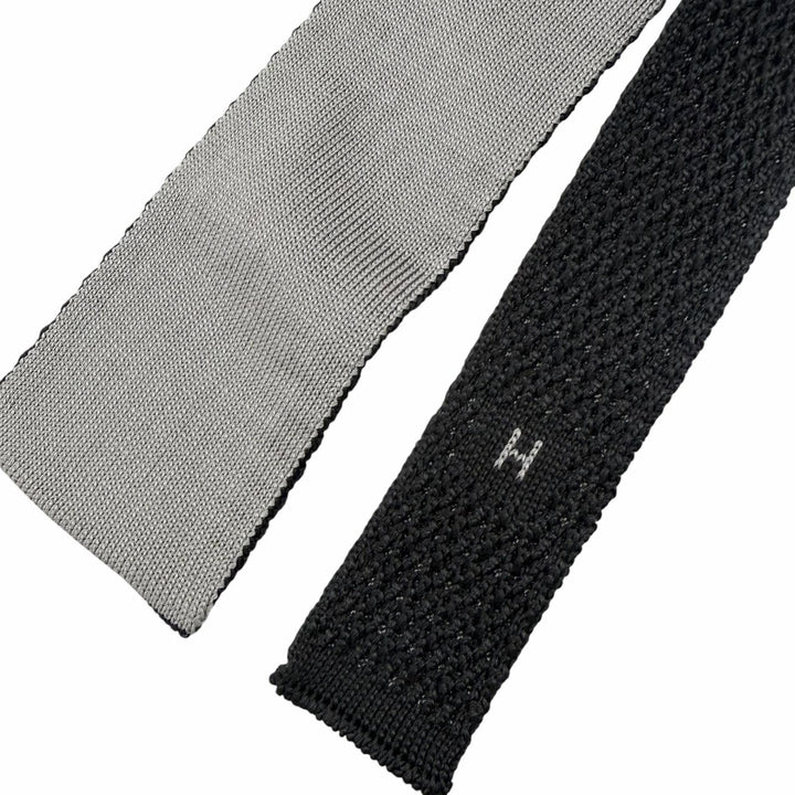 Excellent HERMES tie H logo embroidered knit tie Charcoal gray silk mens