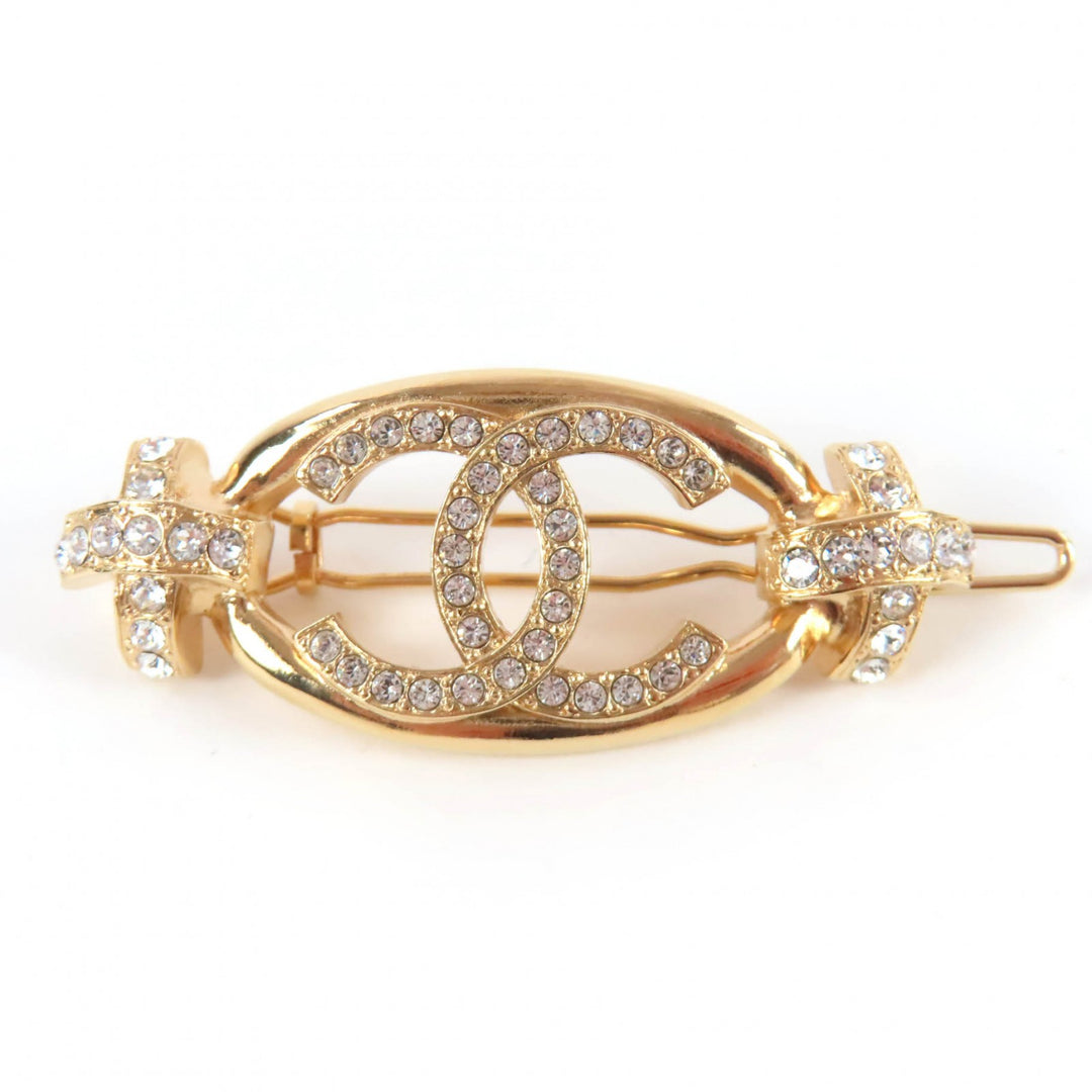 Excellent CHANEL hair accessory COCO Mark Rhinestone Hair Clip/Hairpin gold L23P