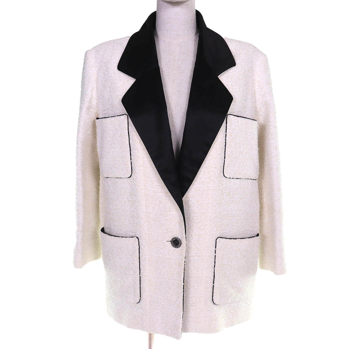 Excellent CHANEL Jacket Lion Button Satin Color Tweed Ivory 34 P72420V63388 22P