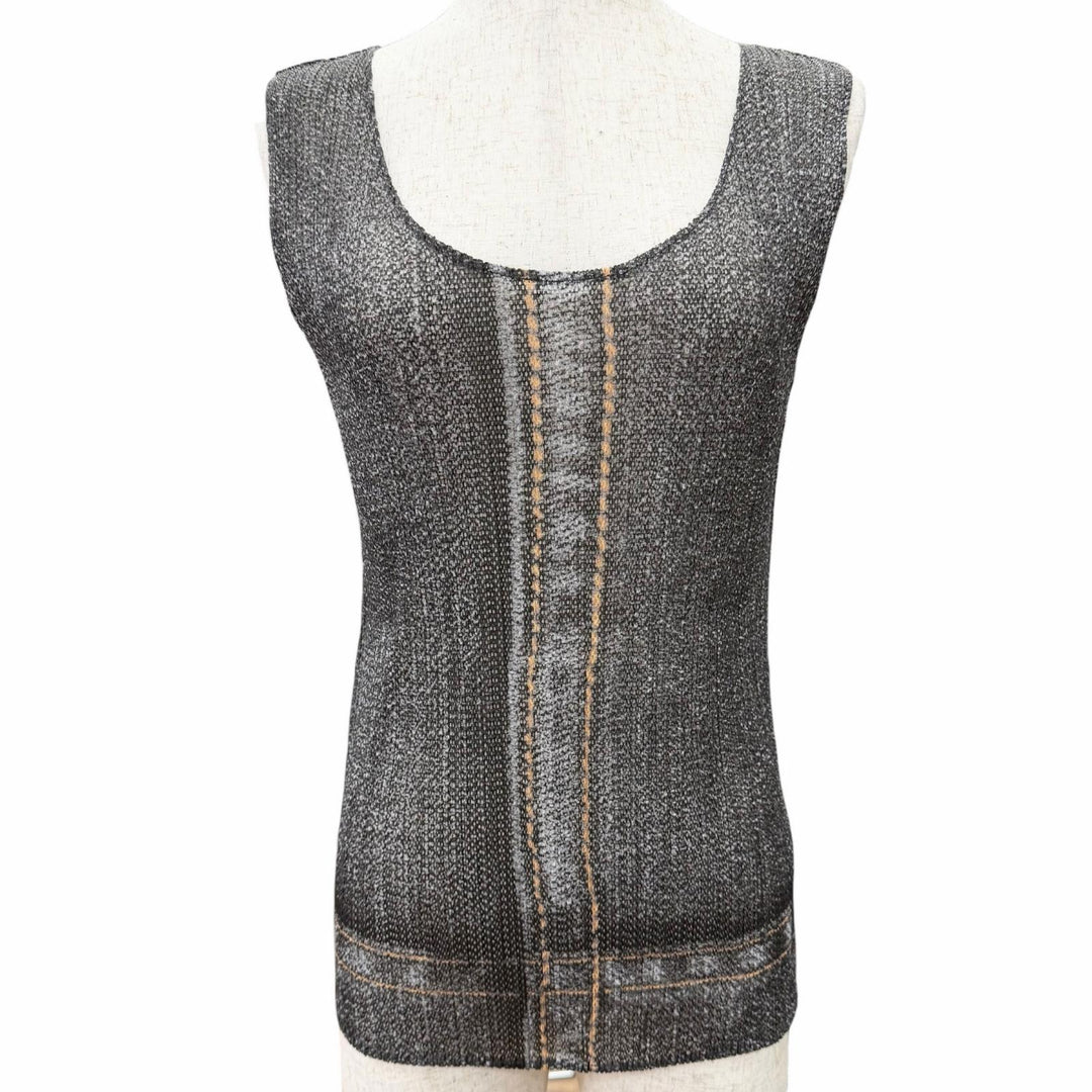 Excellent PLEATS PLEASE tops Denim transfer print mesh sleeveless 4 PP13-JK533