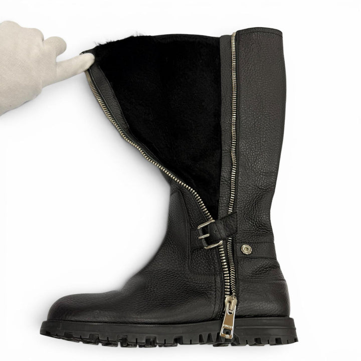 Excellent GUCCI Knee-high boots Mouton black leather Women 37.5
