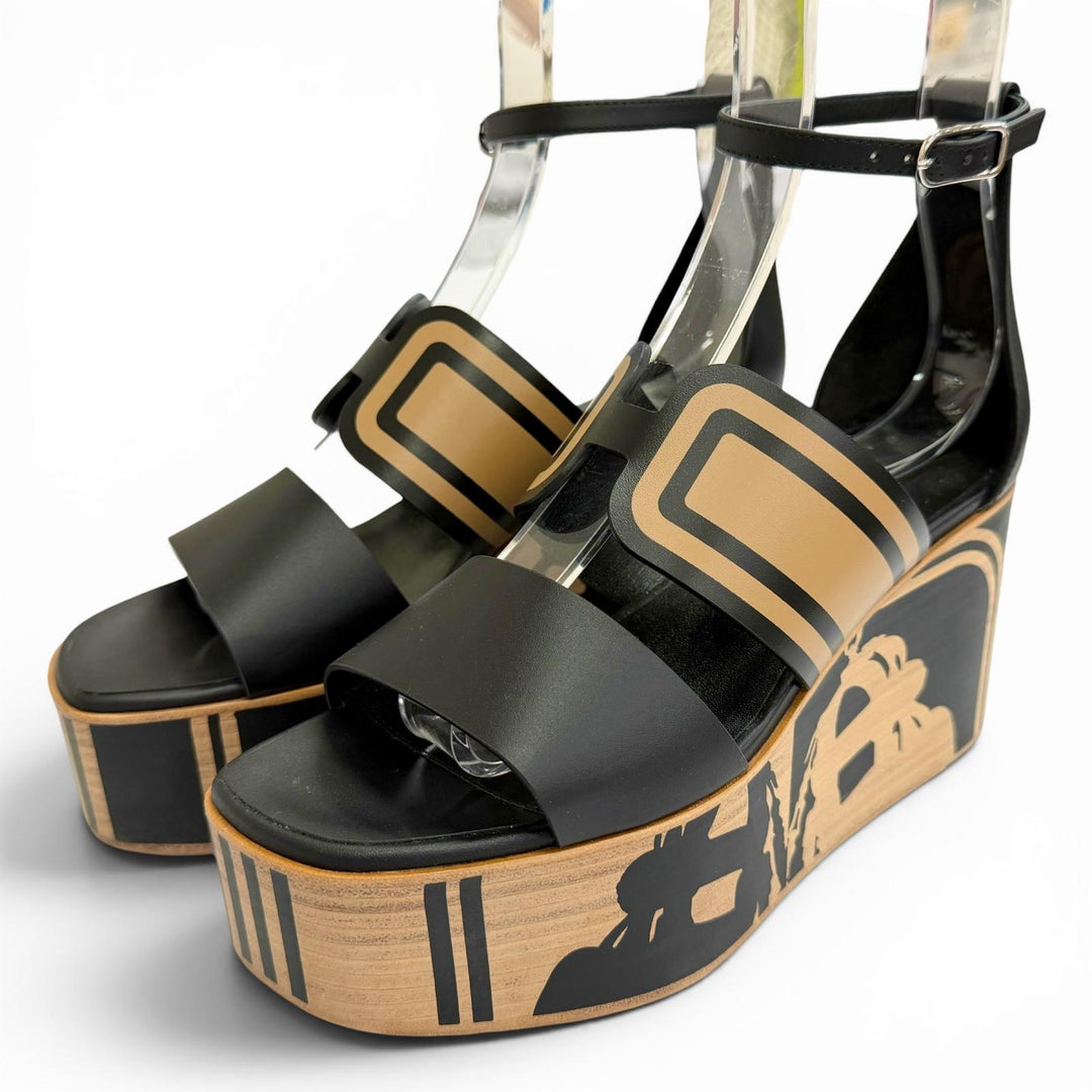Pristine HERMES Sandals Carice Bride de Gala Ankle strap wedge sole black 36