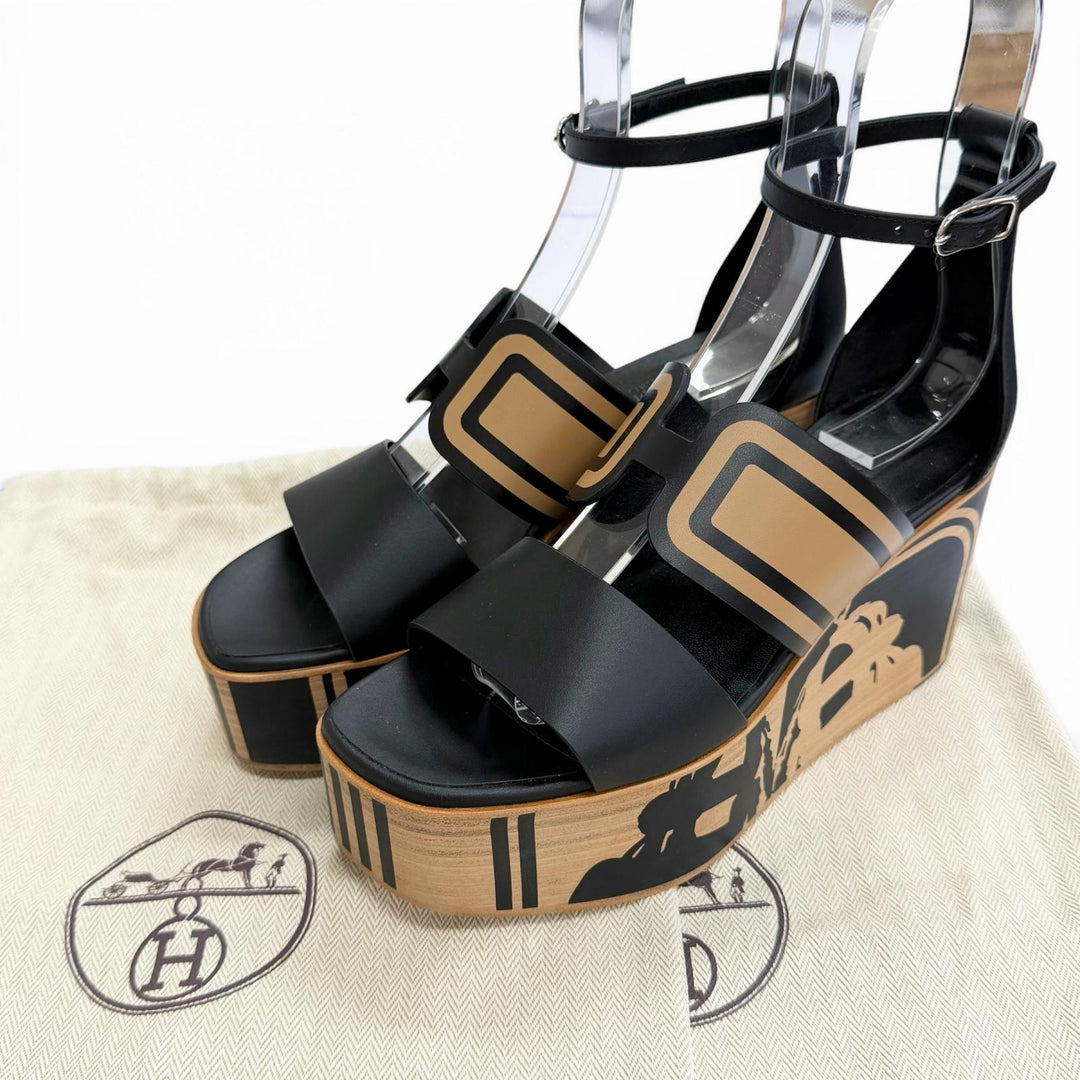 Pristine HERMES Sandals Carice Bride de Gala Ankle strap wedge sole black 36