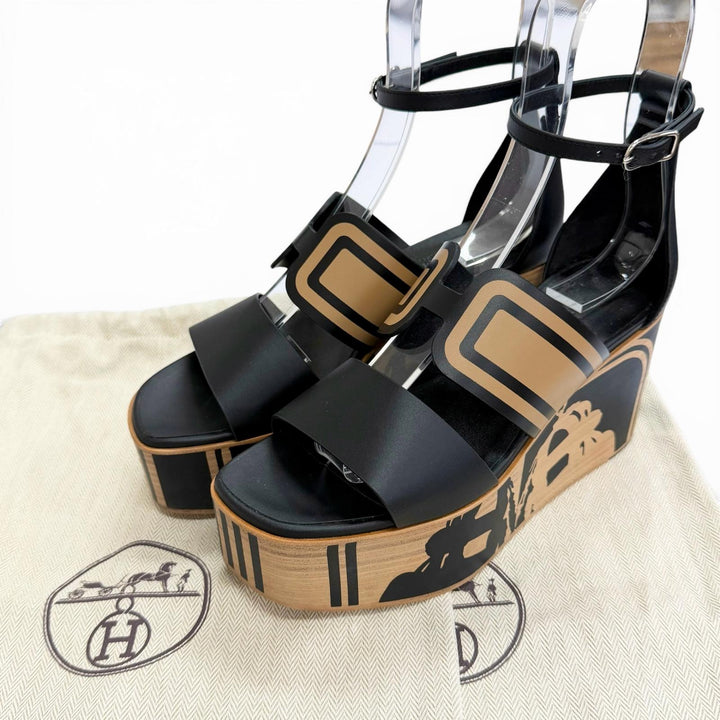 Pristine HERMES Sandals Carice Bride de Gala Ankle strap wedge sole black 36