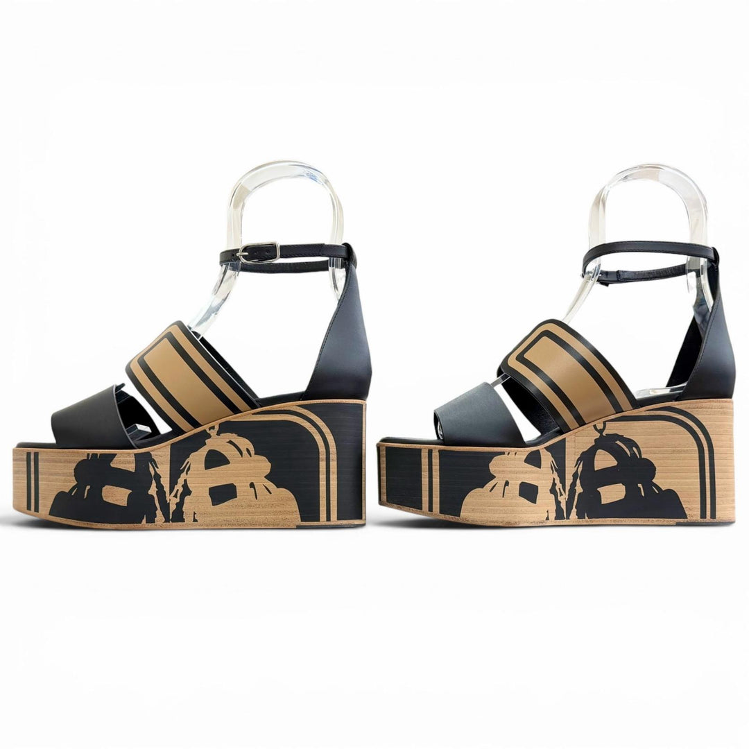 Pristine HERMES Sandals Carice Bride de Gala Ankle strap wedge sole black 36