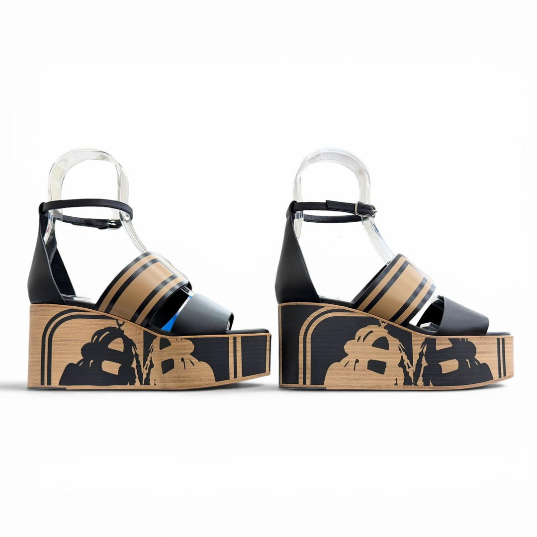 Pristine HERMES Sandals Carice Bride de Gala Ankle strap wedge sole black 36