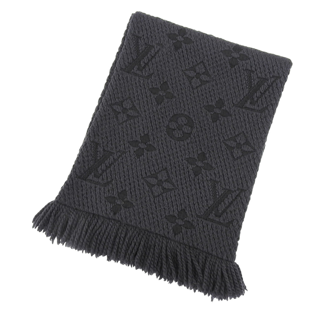 Great LOUIS VUITTON Scarf Escalp Logo Mania fringe Dark gray wool Women 413287