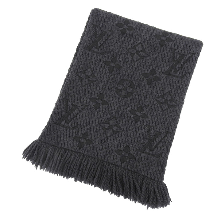 Great LOUIS VUITTON Scarf Escalp Logo Mania fringe Dark gray wool Women 413287