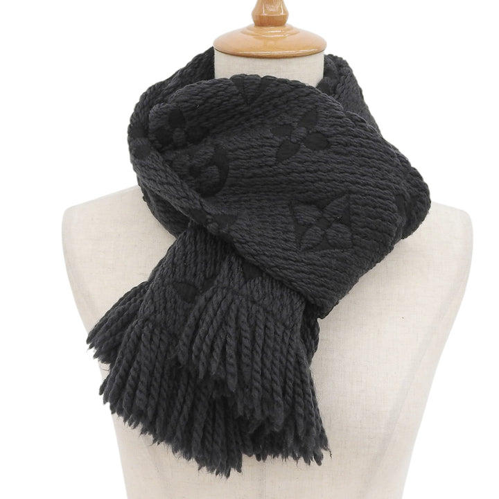 Great LOUIS VUITTON Scarf Escalp Logo Mania fringe Dark gray wool Women 413287