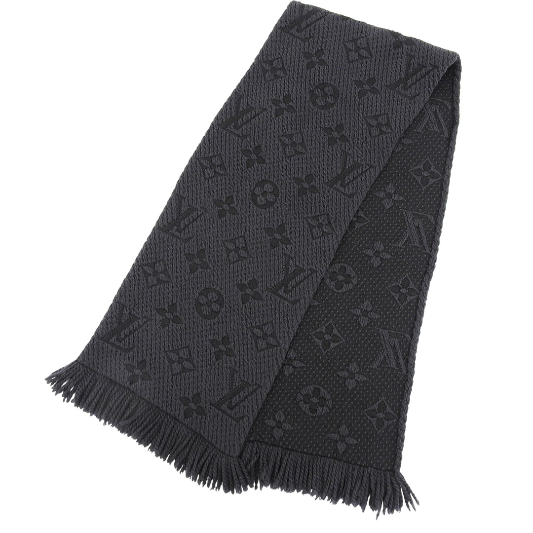 Great LOUIS VUITTON Scarf Escalp Logo Mania fringe Dark gray wool Women 413287