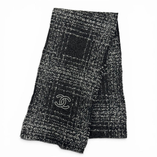 Great CHANEL Scarf COCO Mark Tweed Long black cashmere Women