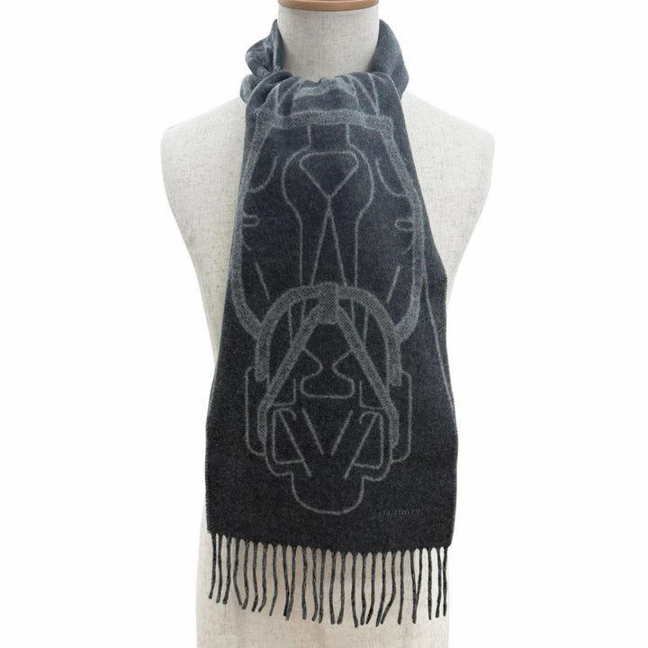 Pristine HERMES Scarf Tête à tête equestre Horse fringe Charcoal gray