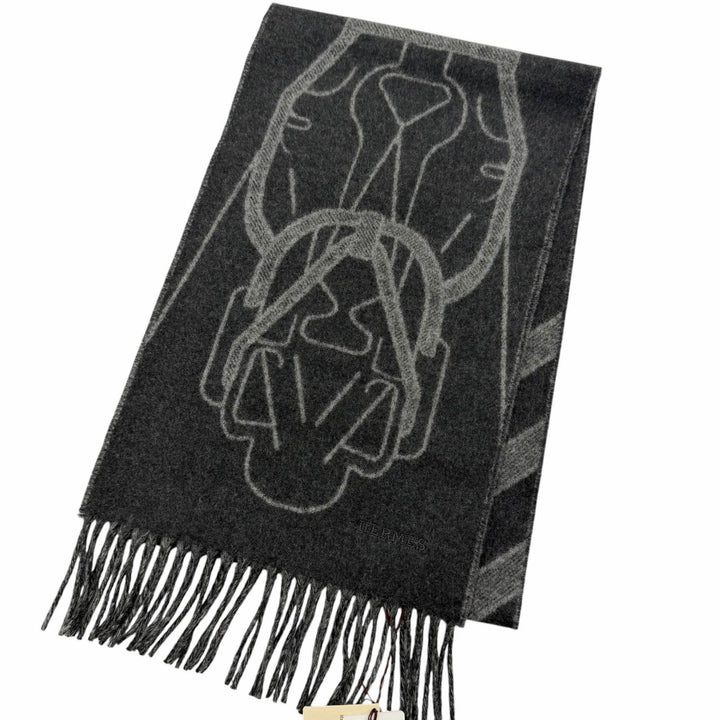 Pristine HERMES Scarf Tête à tête equestre Horse fringe Charcoal gray