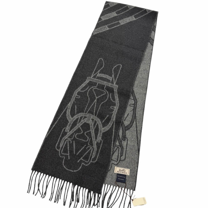 Pristine HERMES Scarf Tête à tête equestre Horse fringe Charcoal gray