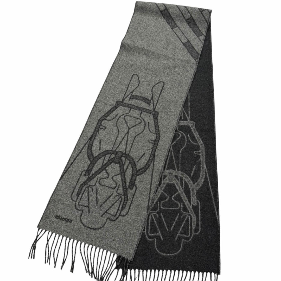 Pristine HERMES Scarf Tête à tête equestre Horse fringe Charcoal gray
