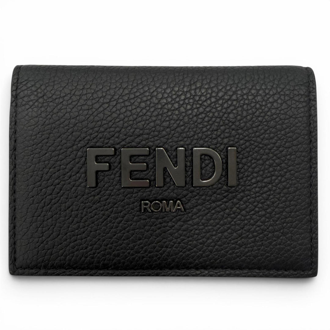 Excellent FENDI Card Case Logo Metal Bifold Wallet Business Card Holder black
