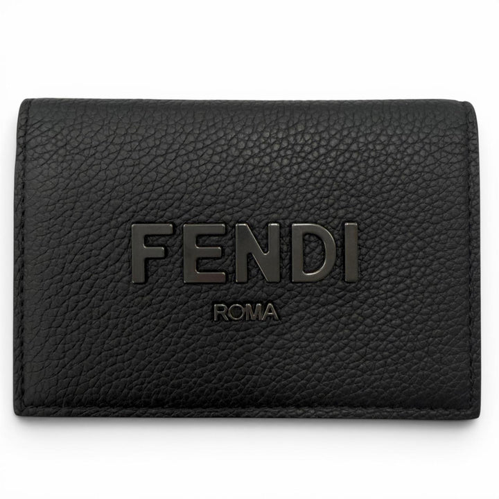 Excellent FENDI Card Case Logo Metal Bifold Wallet Business Card Holder black