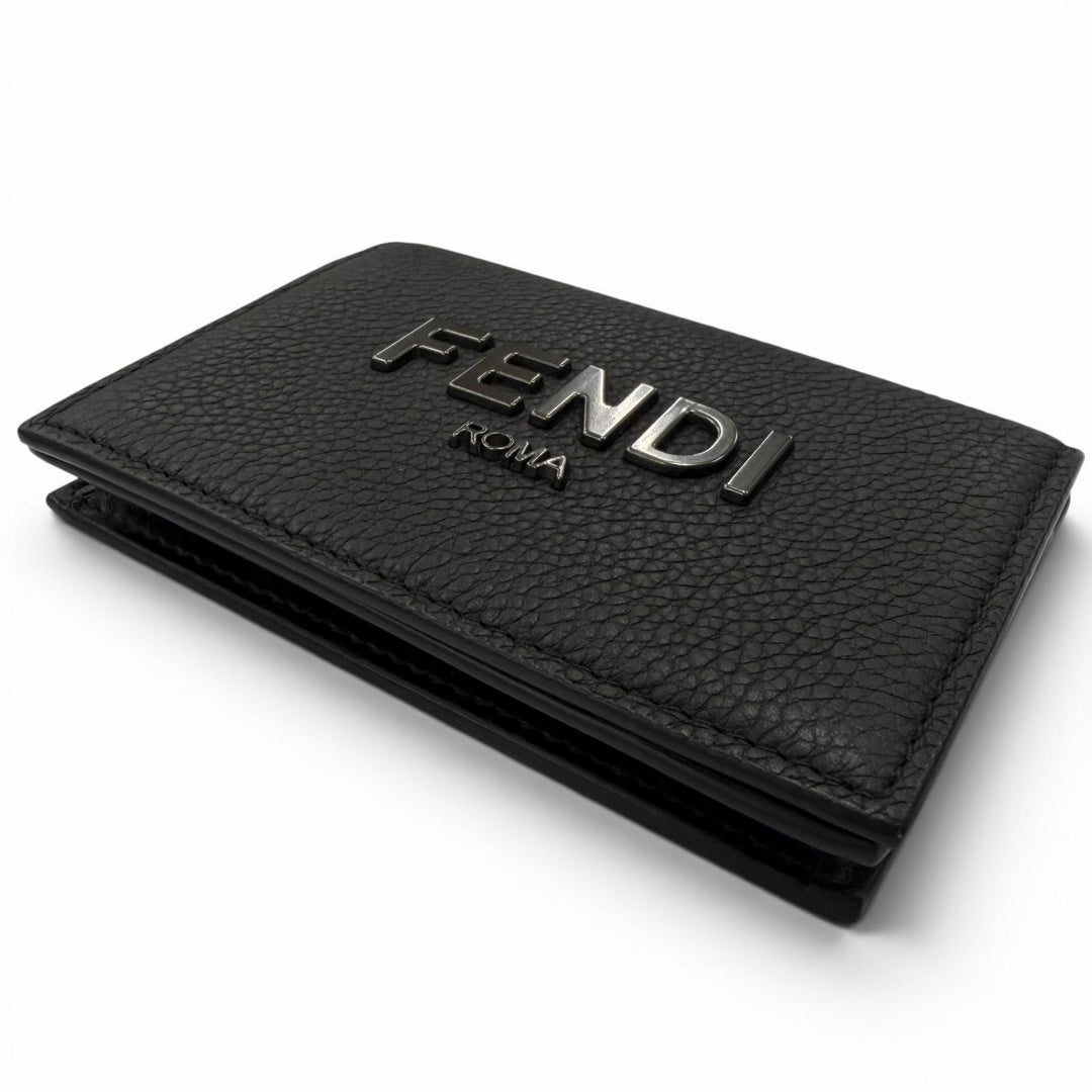 Excellent FENDI Card Case Logo Metal Bifold Wallet Business Card Holder black