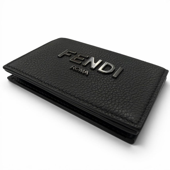 Excellent FENDI Card Case Logo Metal Bifold Wallet Business Card Holder black