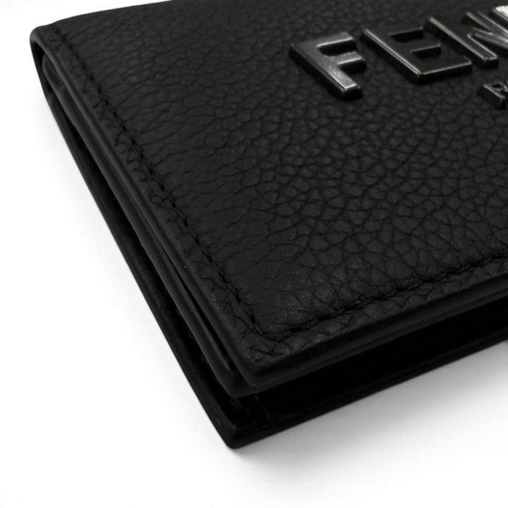 Excellent FENDI Card Case Logo Metal Bifold Wallet Business Card Holder black