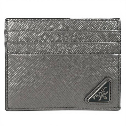 Excellent PRADA Card Case Triangle Plate Triangle Logo Silver Safiano 1MC223