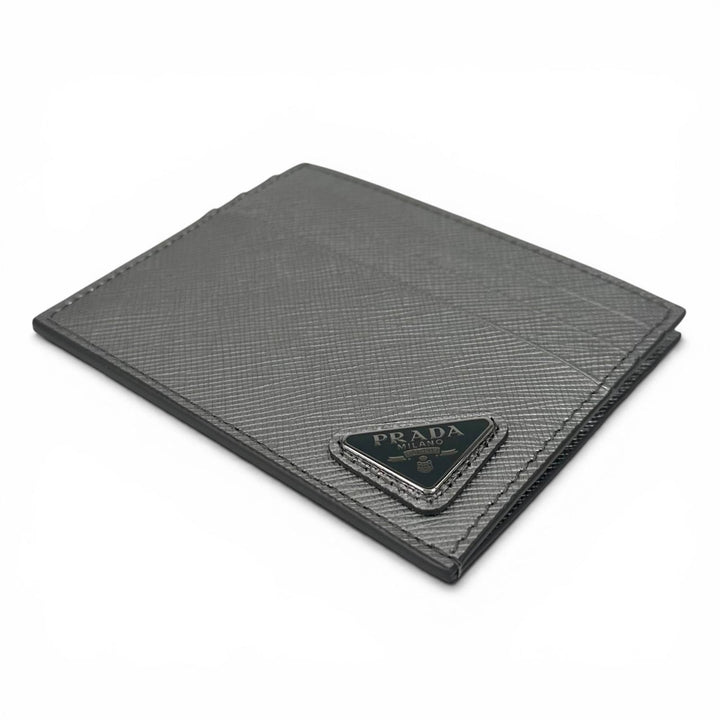 Excellent PRADA Card Case Triangle Plate Triangle Logo Silver Safiano 1MC223