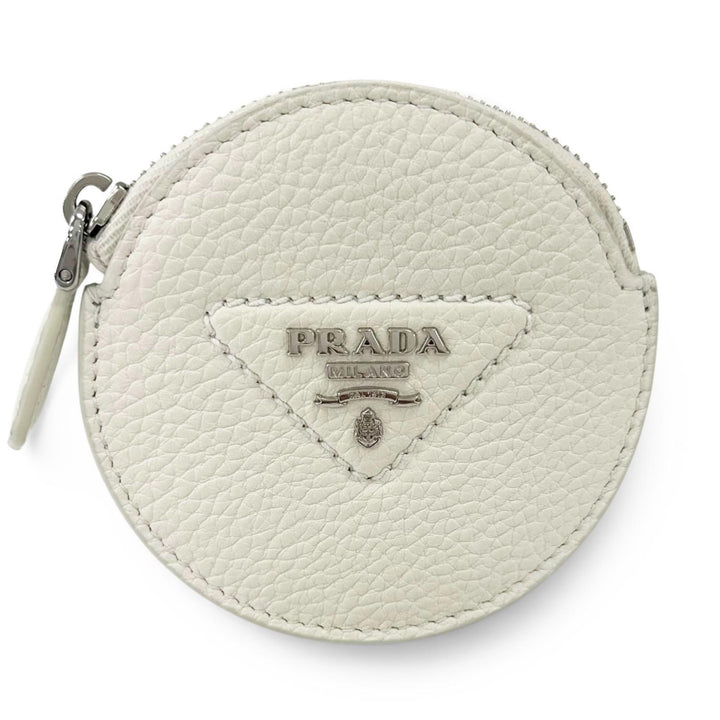Excellent PRADA Coin case Vitello Daino Triangle Logo Round white leather 1MM006