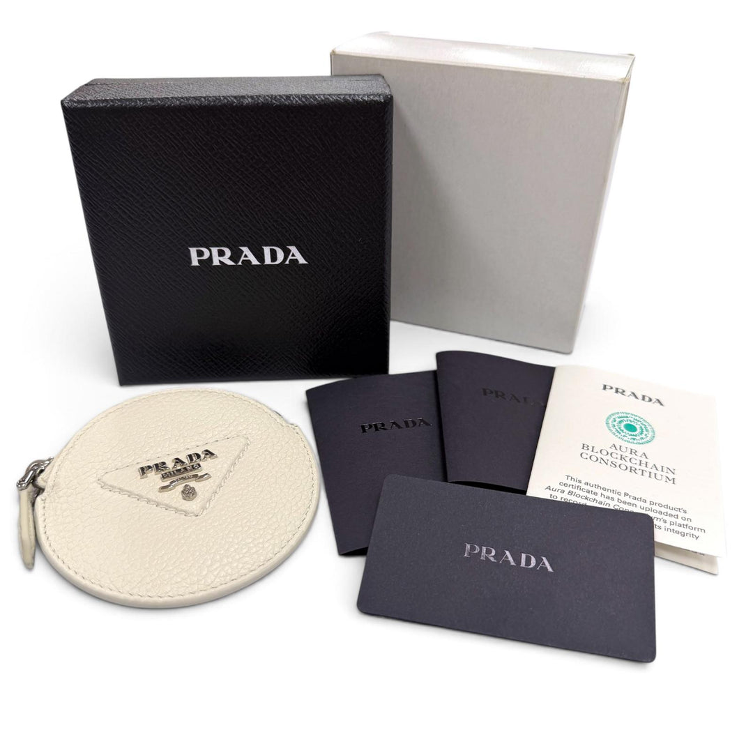 Excellent PRADA Coin case Vitello Daino Triangle Logo Round white leather 1MM006