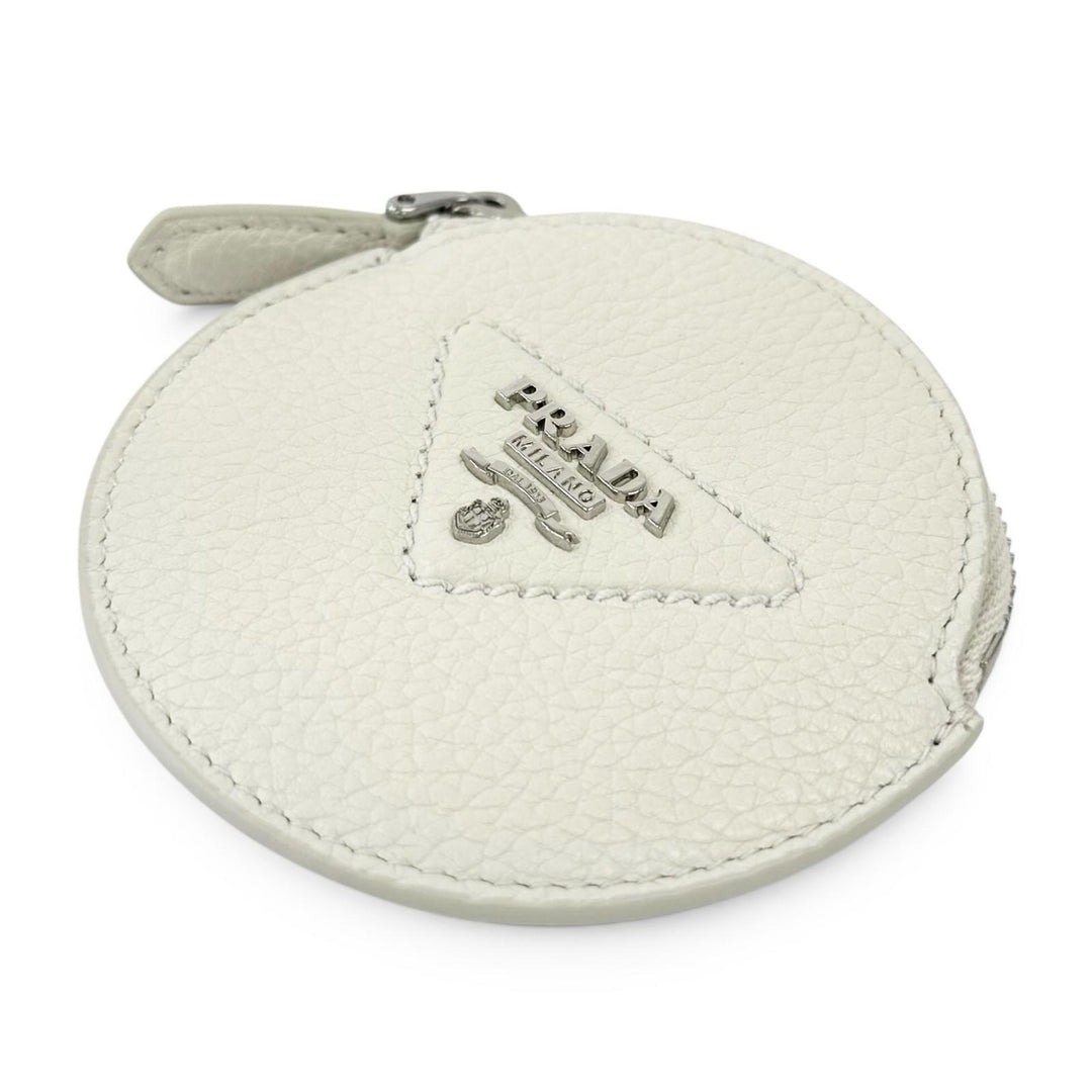 Excellent PRADA Coin case Vitello Daino Triangle Logo Round white leather 1MM006