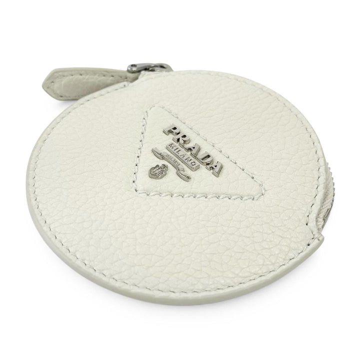 Excellent PRADA Coin case Vitello Daino Triangle Logo Round white leather 1MM006