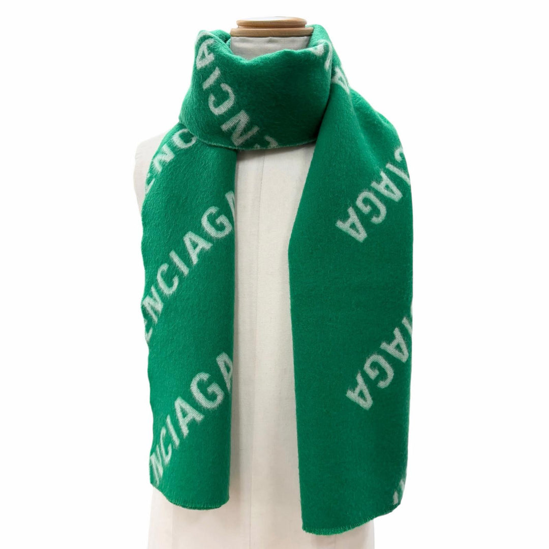 Excellent BALENCIAGA Scarf All-over logo pattern green wool mens 685514