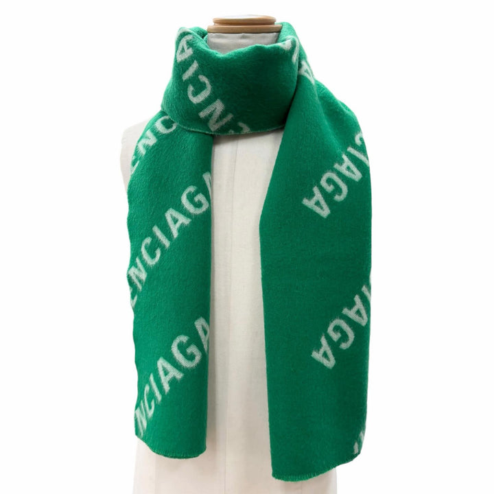Excellent BALENCIAGA Scarf All-over logo pattern green wool mens 685514
