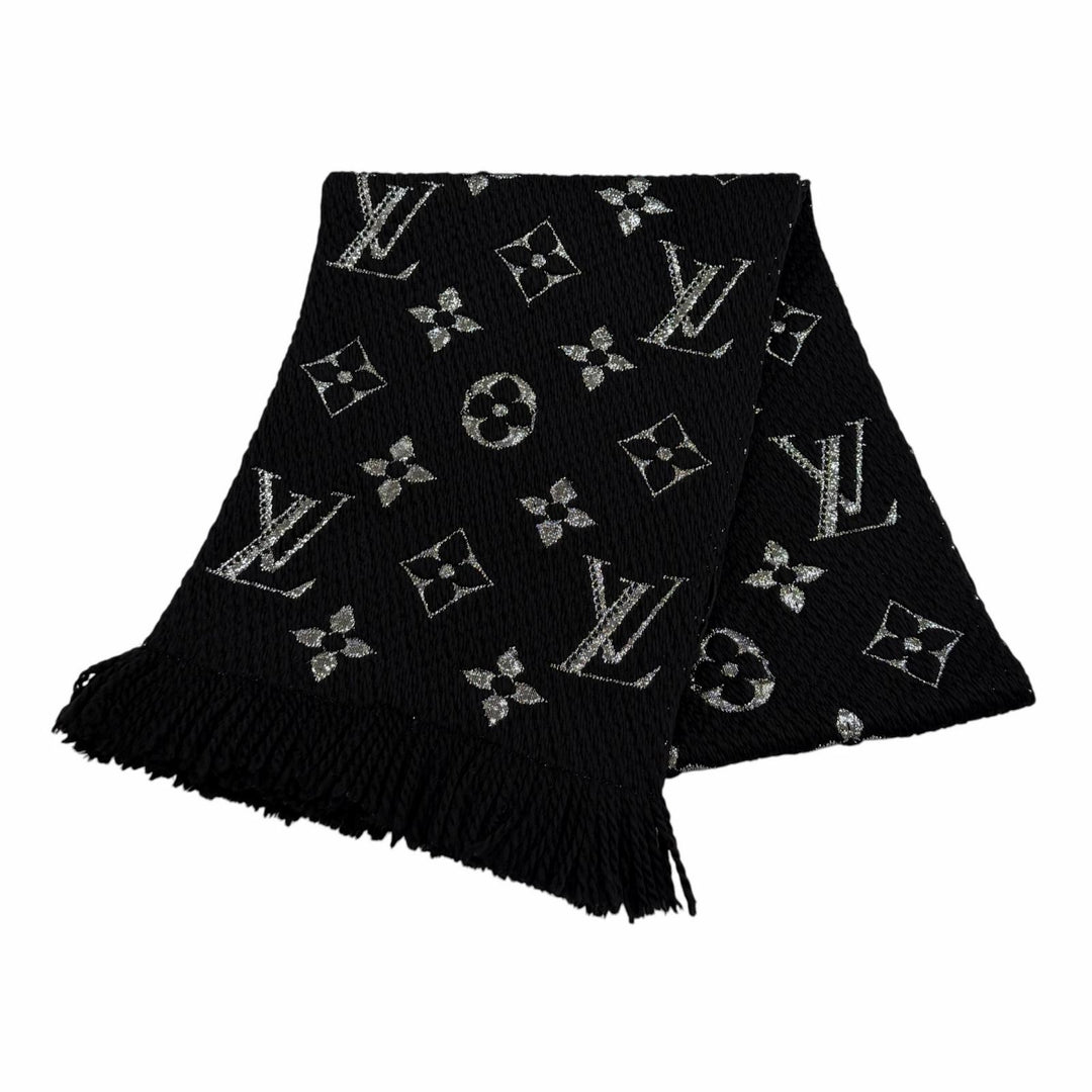 Great LOUIS VUITTON Scarf Escalp Logo Mania Shine With fringe black wool M75833