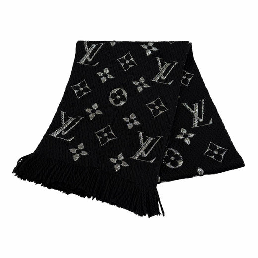 Great LOUIS VUITTON Scarf Escalp Logo Mania Shine With fringe black wool M75833