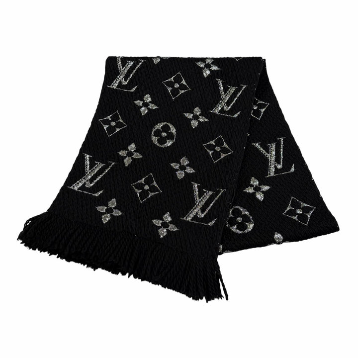 Great LOUIS VUITTON Scarf Escalp Logo Mania Shine With fringe black wool M75833