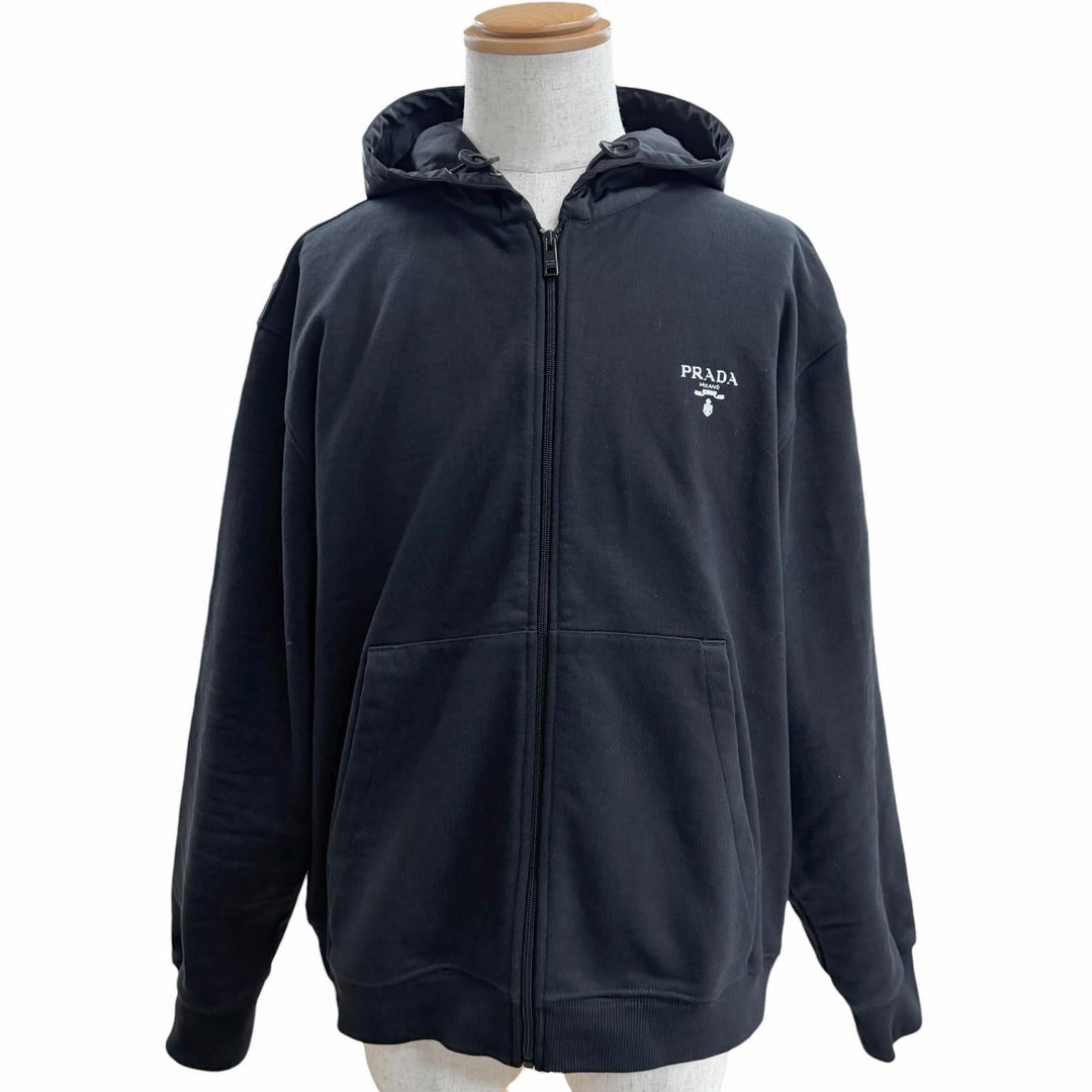 Great PRADA hoodie Re-Nylon logo print black cotton mens L UJL203