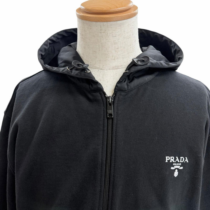 Great PRADA hoodie Re-Nylon logo print black cotton mens L UJL203